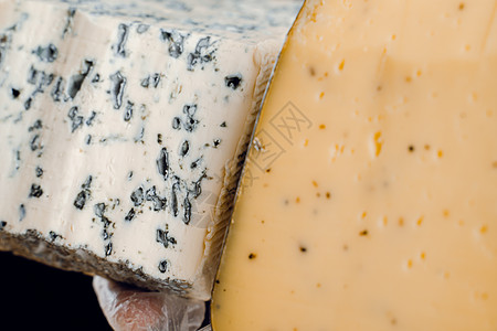 蓝奶酪和果达 手拿意大利草药 持有多尔布卢 戈贡佐拉 罗克福特蓝天味道小吃产品羊乳牛奶迷迭香美食熟食剪裁图片