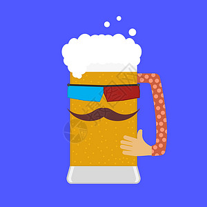 啤酒和电影 带有男人脸和立体眼镜的啤酒杯 带有滑稽面孔 胡子和手的啤酒角色 孤立的矢量插图 图标图片