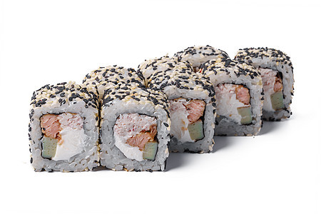 白色背景中隔离的寿司卷闭合图像美食午餐小吃食物海鲜盘子海藻美味餐厅烹饪图片
