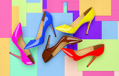 彩色亮丽的女子鞋 在坚实的背景 3D 投影插图鞋类紫色广告店铺蓝色销售促销3d皮革横幅背景图片