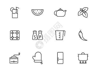 厨房线性矢量图标上白色孤立 为网络和 ui 设计 移动应用程序和印刷印刷和促销广告业务设置的厨房图标图片