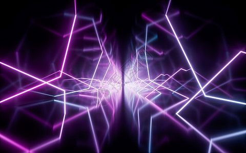 光线发射线隧道 3D投影紫色光谱线条辉光走廊照明电子科幻展示渲染背景图片