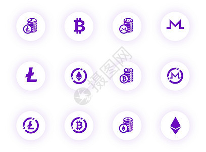 紫色颜色矢量图标在带有紫色阴影的浅色圆形按钮上 为 web 移动应用程序 ui 设计和打印设置的加密货币图标营销密码商业交换钱包背景图片