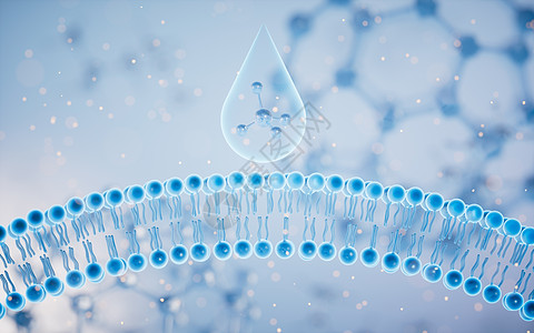 蓝色背景的细胞膜 3D介质科学真皮作用渲染渗透化学品药品治疗化妆品液体图片