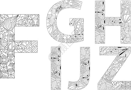 用于着色页的 Zentangle 风格的 F-J 手绘字母集矢量图片