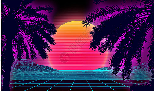 在海滩上的 3d 日落 复古手掌矢量科幻背景 数字景观网络表面  80 年代派对背景椰子城市激光海报游戏热带紫色技术太阳日出图片