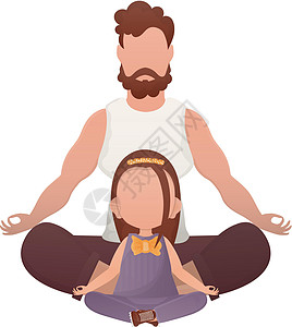 父亲和女儿坐在莲花的位置坐着冥想 孤立无援 卡通风格图片