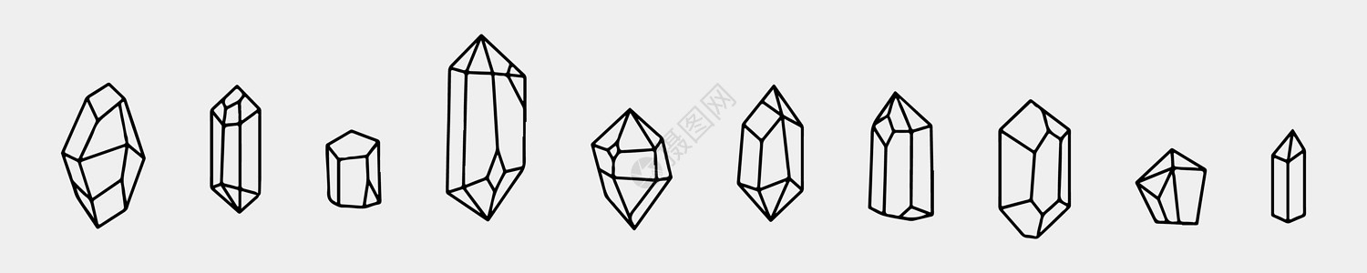 水晶扁线图标设置 矿物岩石 钻石形状 盐 抽象宝石 魔法水晶矢量插图 地质学或珠宝店的薄标志 像素完美 64x64 可编辑的笔画图片