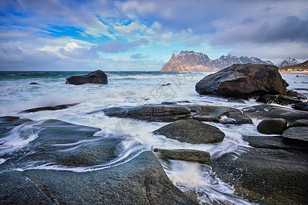 挪威fjord海滩观光岩石海浪海洋风景峡湾石头季节植物旅游图片