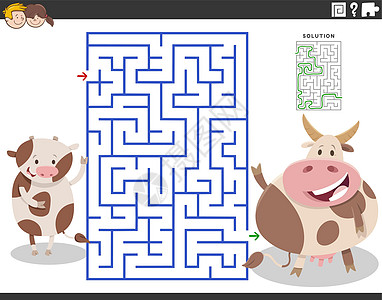带卡通母牛和小牛的迷宫游戏图片