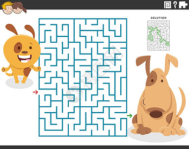 带卡通成年狗和小狗的迷宫游戏图片