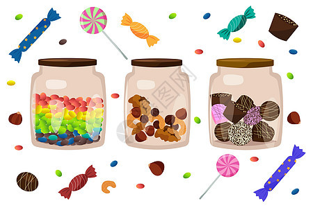 一套三罐装糖球 各种坚果 巧克力 棒棒糖的玻璃罐图片