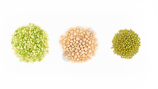 三种生干豆类  鹰嘴豆 绿豆 绿豆 白色背景中突显粮食营养饮食植物农业种子宏观食物团体小鸡图片