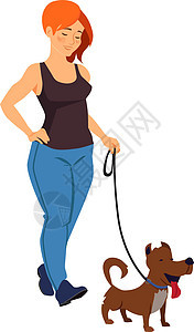年轻女子带着狗走路 女孩抱着小狗的皮带图片