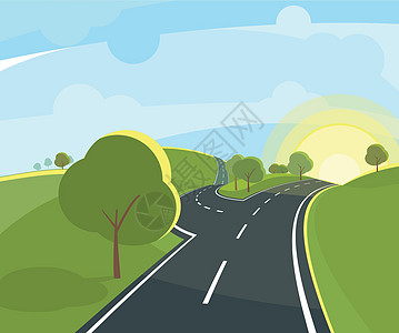日晒升起的公路景观 卡通草原背景图片