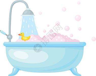 充满泡泡和黄色鸭子的浴缸 卡通浴缸图标图片