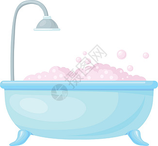室内粉色泡沫泡泡浴缸 舒适沐浴图标插画
