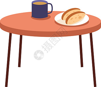 木制桌上的咖啡杯和面包片板图片