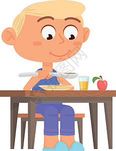 卡通男孩吃饭 可爱的孩子坐在晚餐桌边图片