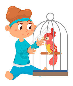 女孩和鹦鹉玩耍 孩子在笼子里跟鸟说话图片