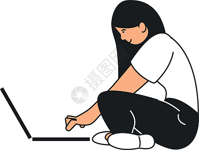 妇女用笔记本电脑坐在地板上插图女孩微笑公寓地面工具技术女性衣服商业图片