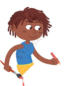 有创意的黑人男孩 带着彩笔和油漆刷子的孩子图片