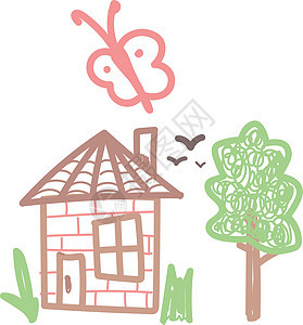 儿童蜡笔绘画 夏天有树的房子图片