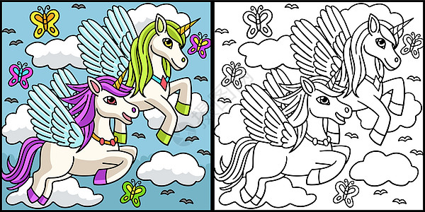 独角兽飞行颜色页面彩色说明孩子喇叭星星卡通片动物染色涂鸦插图孩子们图画书图片
