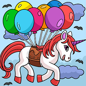 独角兽与气球一起漂浮染色儿童孩子们卡通片绘画星星涂鸦插图小马动物图片