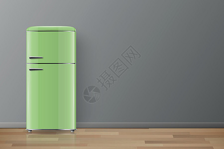 矢量横幅与 3d 逼真光泽绿色复古老式冰箱分离 立式简易冰箱 特写冰箱 设计模板 冰箱样机 正视图图片