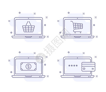 电子商务轮廓矢量插图在白色上隔离 带有浅粉色背景和装饰的电子商务紫色线图标 笔记本电脑 购物车 卡 美元图片