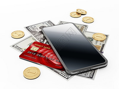智能电话 信用卡和白背景孤立的账单 3D插图图片