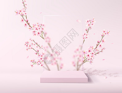 粉色芭比娃娃带有柔和粉红色基座的逼真场景 以磨砂玻璃和鲜花为背景的方形平台 用于产品展示插画
