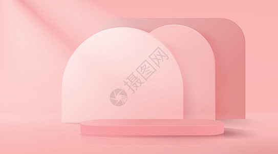 3d 矢量逼真背景与空讲台产品演示 淡粉色的横幅 三面墙的色调各不相同图片