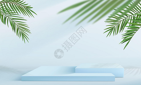 带有一组蓝色调方形基座的抽象简约背景 空荡荡的讲台 用于展示带有热带棕榈叶装饰的产品图片
