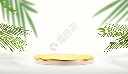 浅色抽象简约背景 金色圆柱形底座 用于在热带树叶背景下展示产品图片