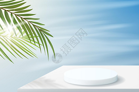 夏季背景以最小的风格 带有白颜色的讲台 用棕榈叶和天空显示产品时空着首饰图片