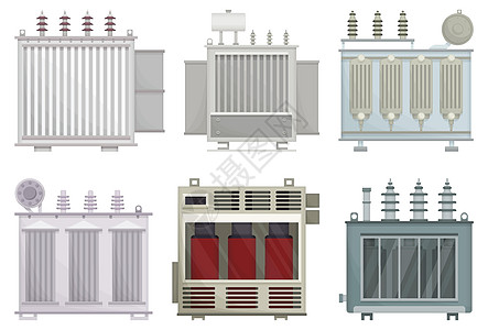 白色背景上的变压器电矢量安装 孤立的卡通设置图标能源变电站 矢量卡通设置图标的电力变压器图片