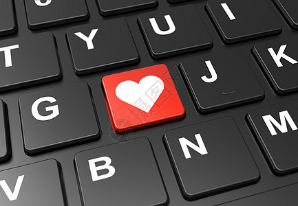 特写红色按钮 在黑键盘上显示心脏符号图片