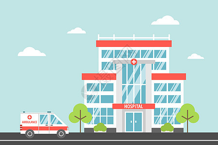 Hospitala 现代城市医疗设施 救护车 健康和应急概念 平面卡通样式中的矢量插图服务天空援助实验室运输办公室医院建筑情况大背景图片
