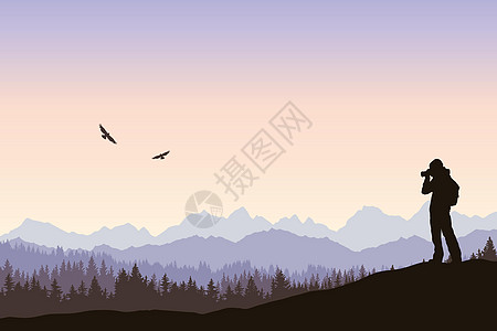 矢量风景 日出时观鸟 一个孤独的旅行者拍摄飞鸟的剪影 户外远足 背包旅行 探索和发现 自然摄影师 山脉和森林图片