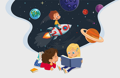 两个女孩坐在地板上阅读关于宇航员冒险的书的插图 背景中的太空 摇滚明星 星系和行星 阅读和探索概念图片