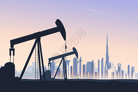 印有迪拜在背景上的抽象天线的油井泵图片