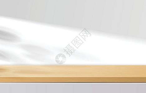 空的最小木制顶桌 白色背景的木质讲台 带阴影叶 用于产品展示 模型 展示化妆品产品展示 讲台 舞台基座或平台 3d 矢量小样奢华背景图片