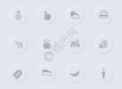 圆形橡胶按钮上的杂货店灰色矢量图标 为 web 移动应用程序 ui 设计和促销业务测绘术设置的杂货店图标食物标签销售大车萝卜硬币图片