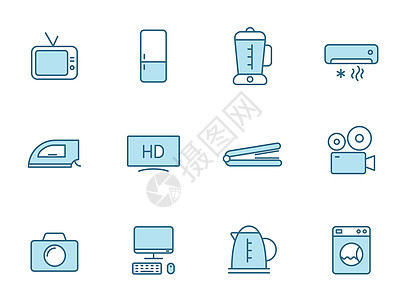 家电线矢量图标在白色背景上孤立的两种颜色 用于网页设计 ui 移动应用程序和打印的家用电器蓝色轮廓图标集图片