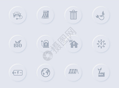 圆形橡胶按钮上的生态灰色矢量图标 为 web 移动应用程序 ui 设计和促销业务测绘术设置的生态图标垃圾箱能源发电机树叶房子网络图片