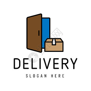 送货上门颜色标志隔离在白色 带开门和包裹的送货上门黑色矢量字母 为您的商务设计提供送货标志字样图片