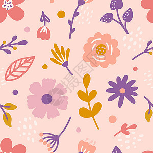 粉红色背景有叶子的可爱花朵和树叶的彩色本底图案图片