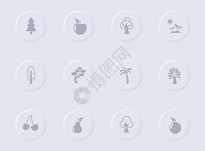 圆形橡胶按钮上的树灰色矢量图标 为 web 移动应用程序 ui 设计和促销业务测绘术设置的树图标栽培标识水果图标集豆芽生态界面叶图片